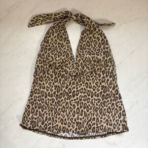 Tommy Bahama Size Medium Beige Leopard Print Babydoll Halter Top Y2K Retro